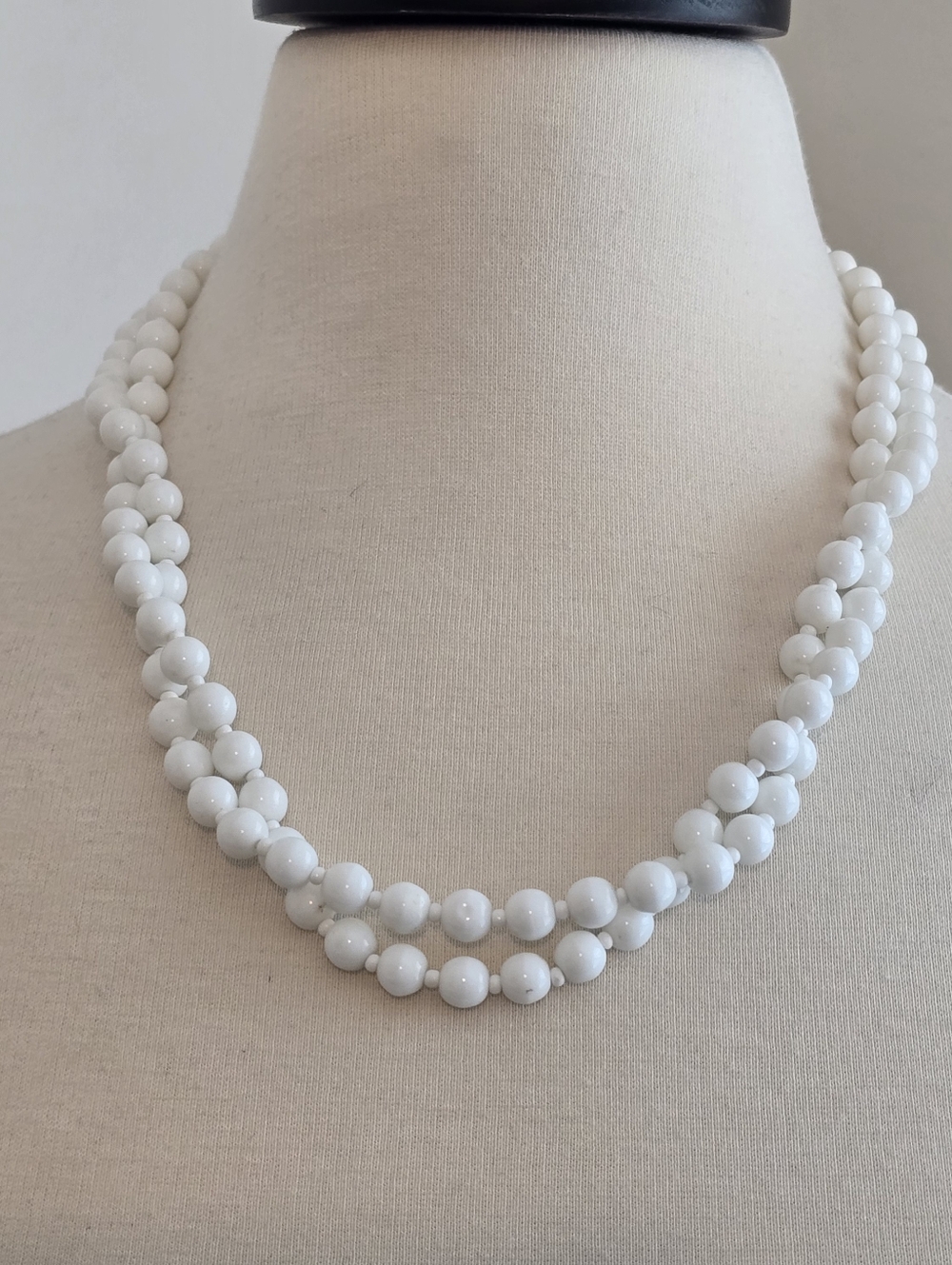 White Double Strand Milk Glass Beaded Necklace